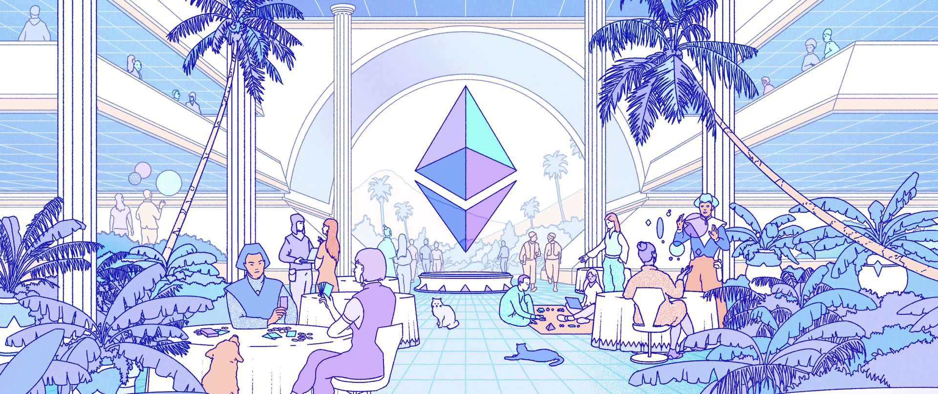Иллюстрация футуристического города, представляющего экосистему Ethereum.